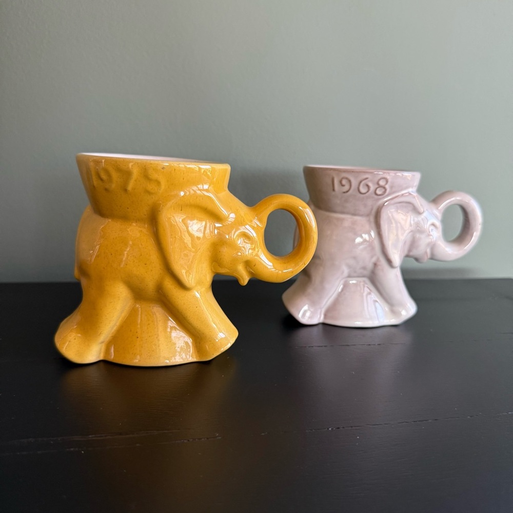(2) - Excellent Vintage Frankoma Pottery (GOP) Elephant Mugs 1968 & 1975